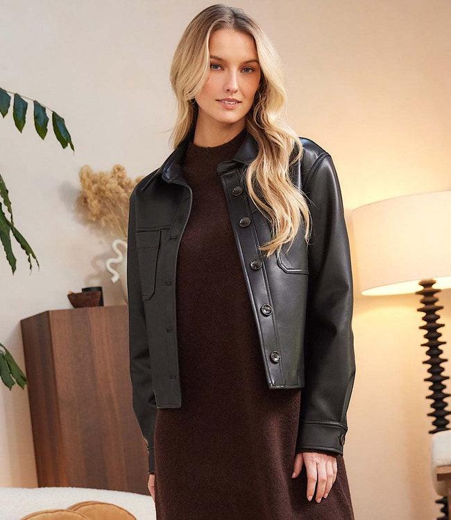Karen Kane Black Faux Leather Cropped Jacket Karen Kane