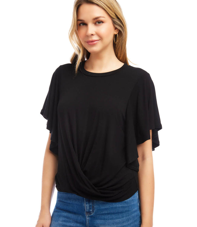 Karen Kane Black Flutter Sleeve Drape Front Top Karen Kane