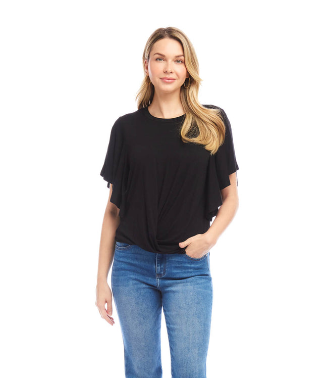 karen kane Black Flutter Sleeve Drape Front Top Karen Kane