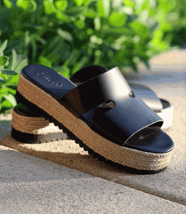 Karen Kane Black Leather Espadrille Slides Karen Kane