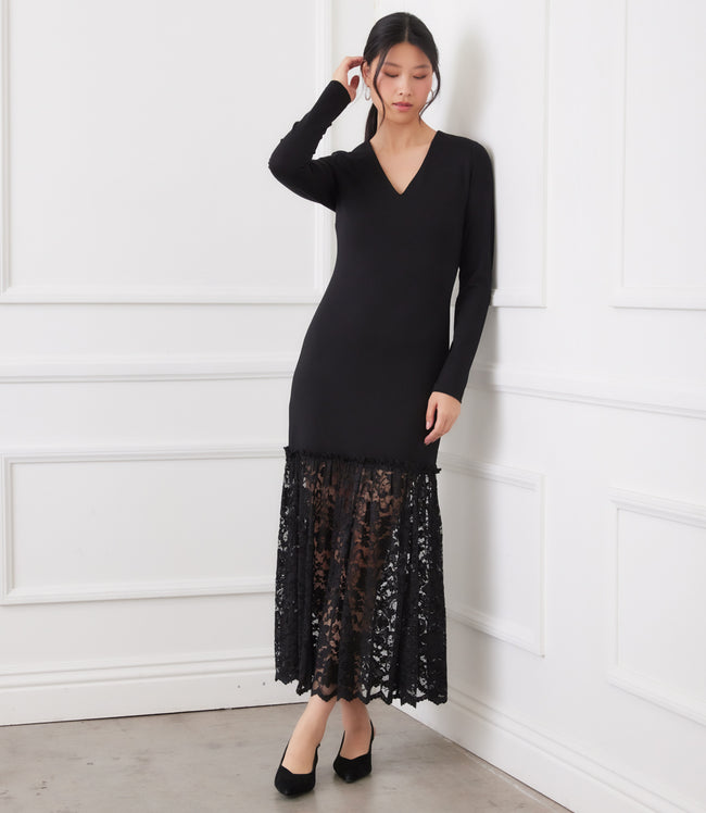 Karen Kane Black Long Sleeve Contrast Lace V-Neck Column Dress Karen Kane