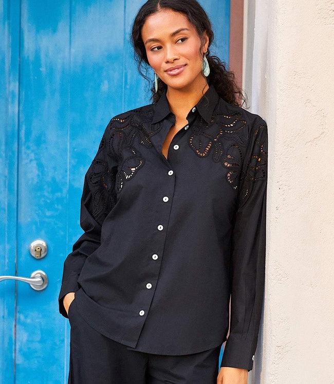 Karen Kane Black Long Sleeve Cutout Embroidery Shirt Karen Kane