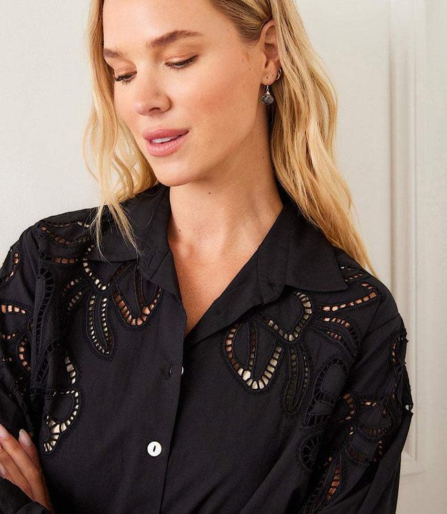 Karen Kane Black Long Sleeve Cutout Embroidery Shirt Karen Kane