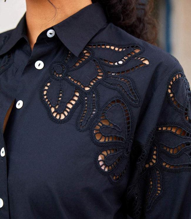 Karen Kane Black Long Sleeve Cutout Embroidery Shirt Karen Kane