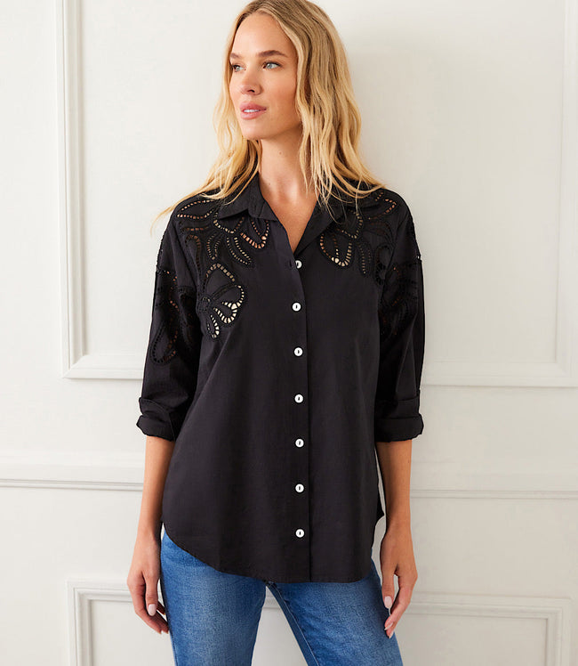 karen kane Black Long Sleeve Cutout Embroidery Shirt Karen Kane