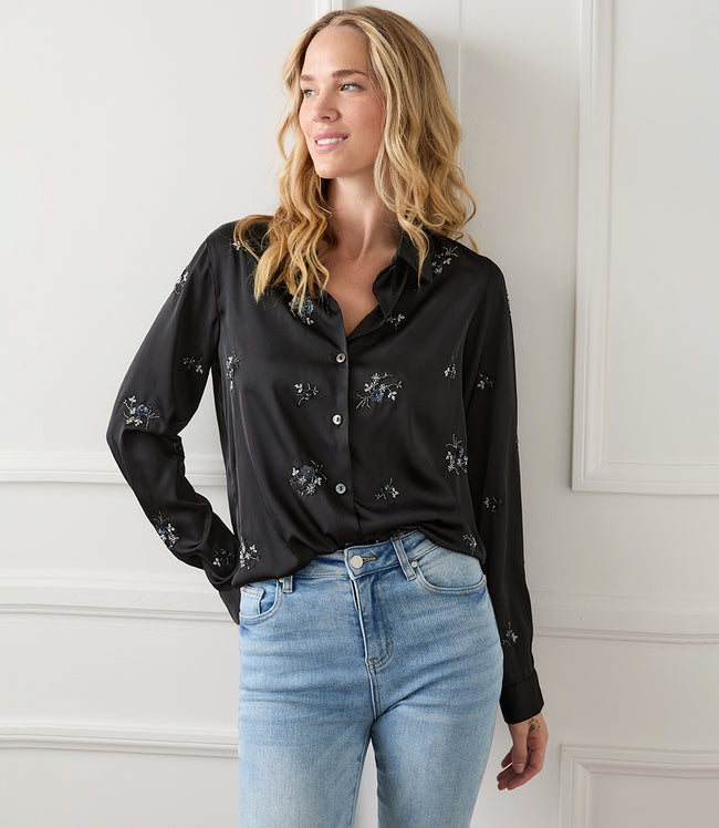 Karen Kane Black Long Sleeve Embellished Button-Up Shirt Karen Kane