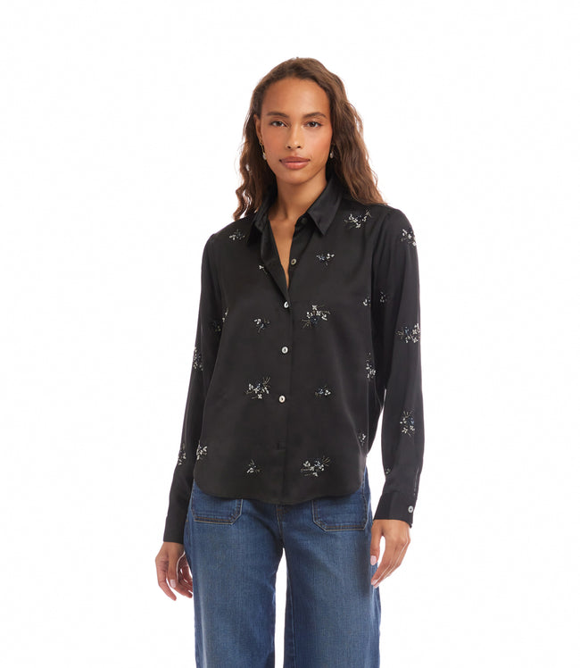 Karen Kane Black Long Sleeve Embellished Button-Up Shirt Karen Kane