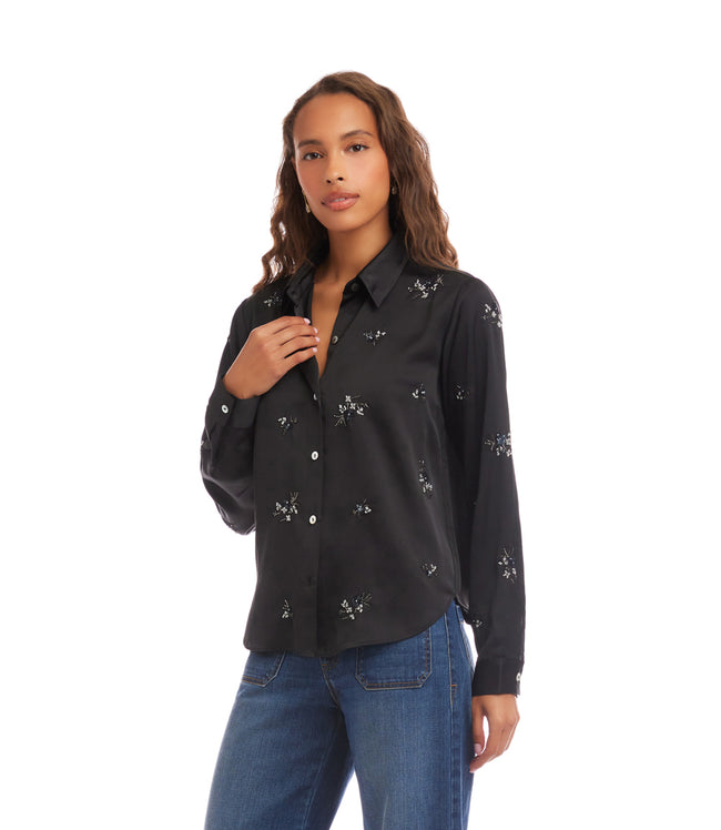 Karen Kane Black Long Sleeve Embellished Button-Up Shirt Karen Kane