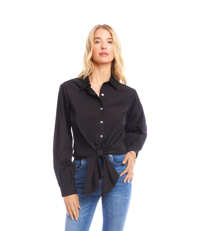 Karen Kane Black Long Sleeve Embellished Collar Tie-Front Top Karen Kane