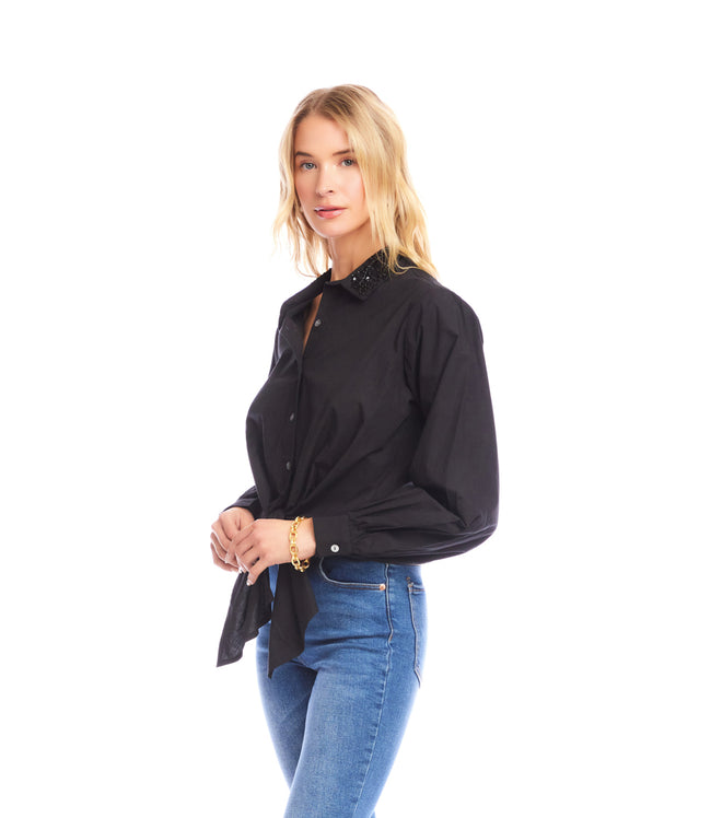 Karen Kane Black Long Sleeve Embellished Collar Tie-Front Top Karen Kane