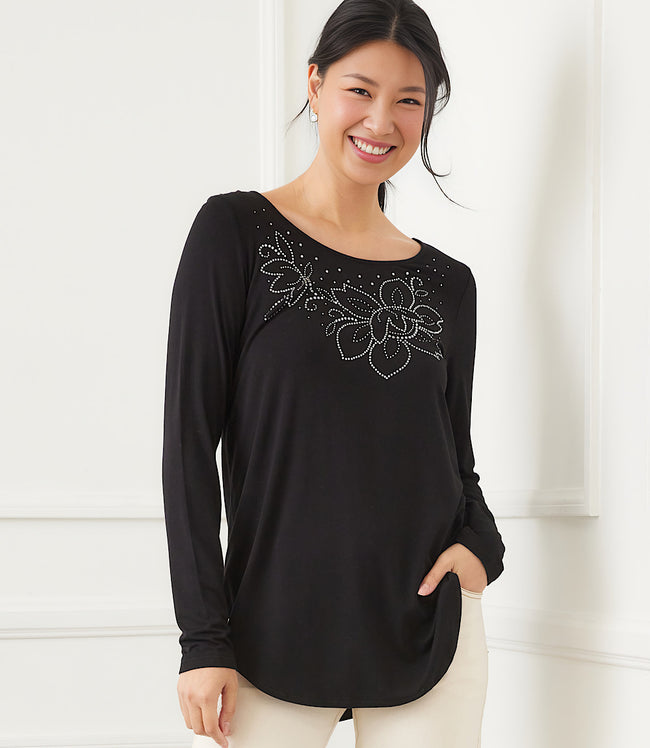 Karen Kane Black Long Sleeve Embellished Shirttail Top Karen Kane