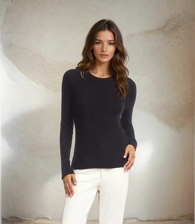 karen kane Black Long Sleeve Ribbed Crewneck Top Karen Kane