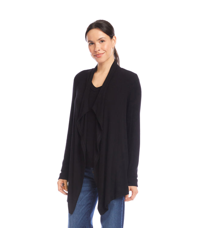 Karen Kane Black Long Sleeve Ribbed Drape Front Cardigan Karen Kane