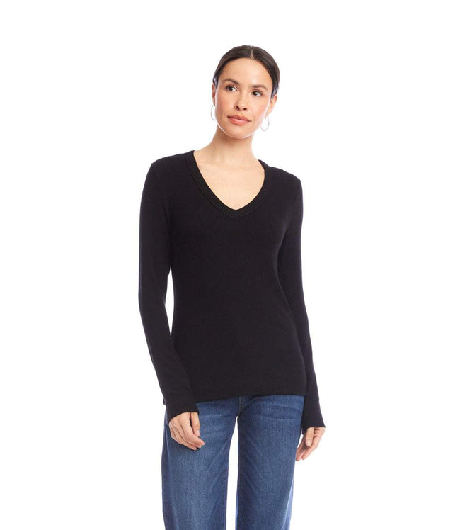 Karen Kane Black Long Sleeve Ribbed V-Neck Top Karen Kane