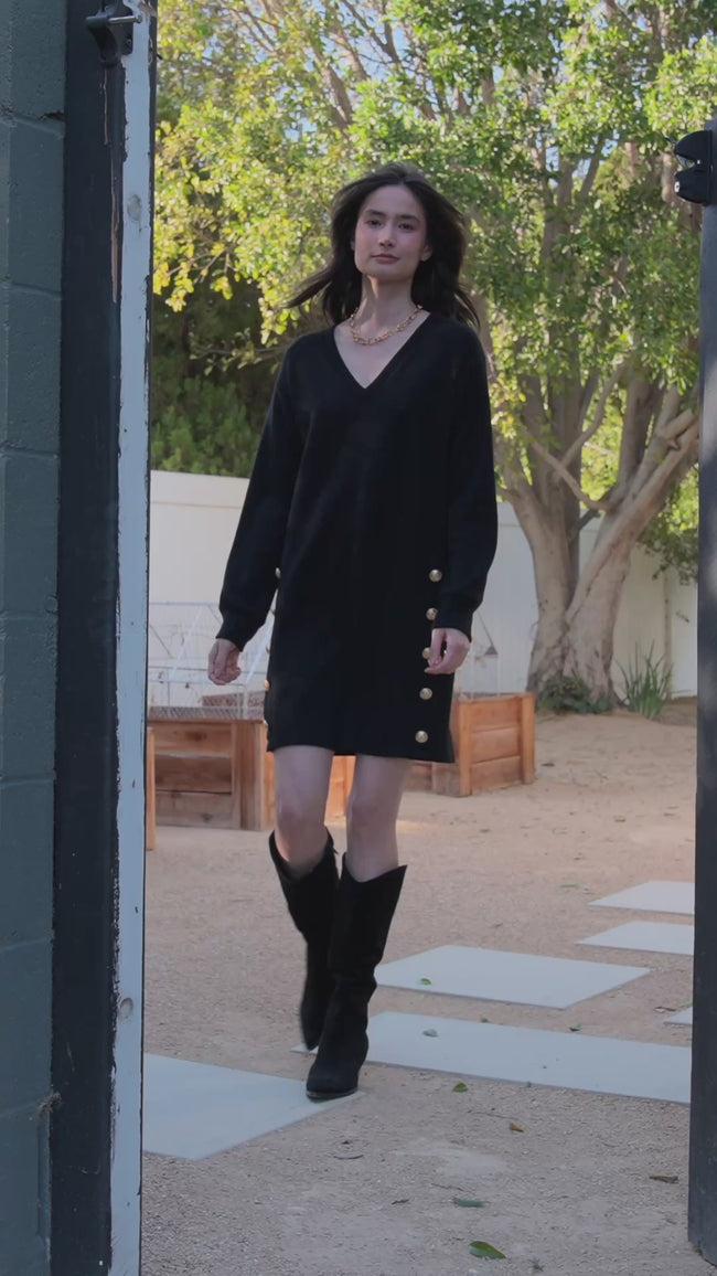 Karen Kane Black Long Sleeve V-Neck Button Detail Dress Karen Kane