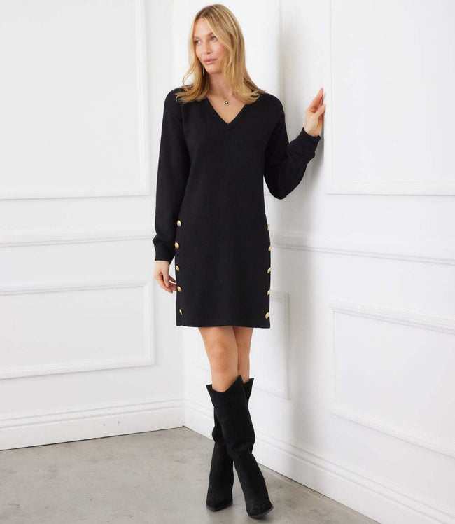 Karen Kane Black Long Sleeve V-Neck Button Detail Dress Karen Kane