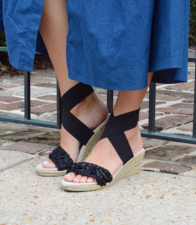 Karen Kane Black Onyx Carolina Ruffle Espadrille Wedge Sandals Karen Kane