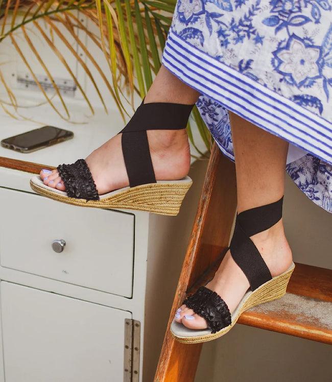 karen kane Black Onyx Carolina Ruffle Espadrille Wedge Sandals Karen Kane