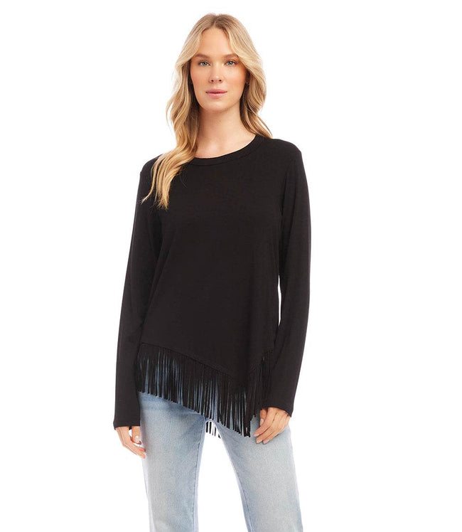 Karen Kane Black Petite Size Asymmetric Fringe Top Karen Kane