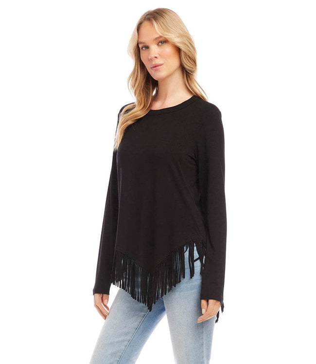 Karen Kane Black Petite Size Asymmetric Fringe Top Karen Kane