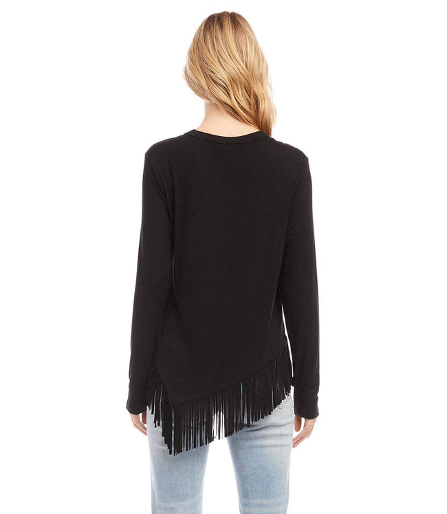 Karen Kane Black Petite Size Asymmetric Fringe Top Karen Kane