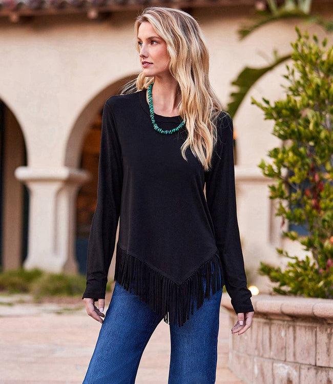 karen kane Black Petite Size Asymmetric Fringe Top Karen Kane