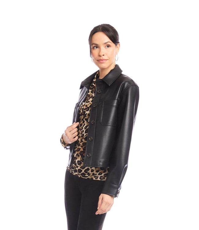 Karen Kane Black Petite Size Faux Leather Cropped Jacket Karen Kane