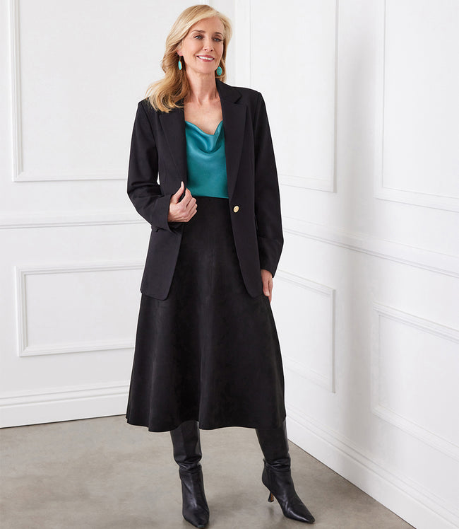 karen kane Black Petite Size Faux Suede Midi Skirt Karen Kane