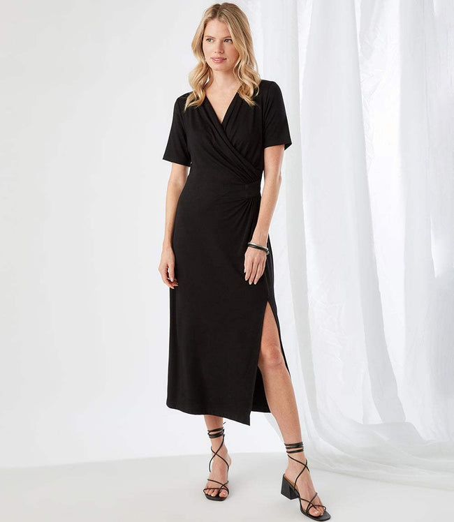 Karen Kane Black Petite Size Faux Wrap Midi Dress Karen Kane