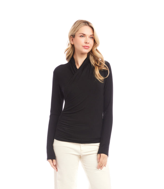 Karen Kane Black Petite Size Long Sleeve Crossover Side-Shirred Top Karen Kane