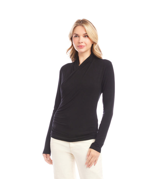 Karen Kane Black Petite Size Long Sleeve Crossover Side-Shirred Top Karen Kane