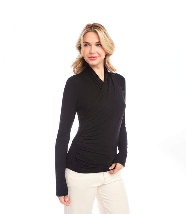 Karen Kane Black Petite Size Long Sleeve Crossover Side-Shirred Top Karen Kane