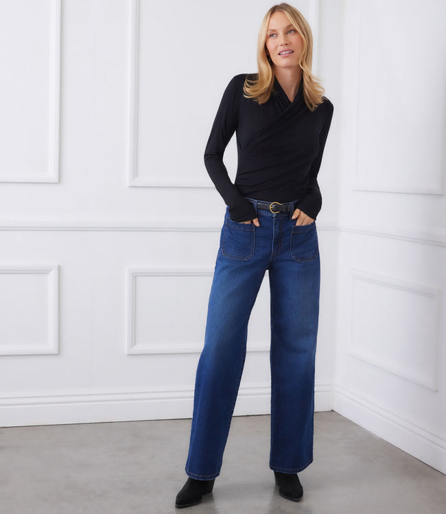 karen kane Black Petite Size Long Sleeve Crossover Side-Shirred Top Karen Kane