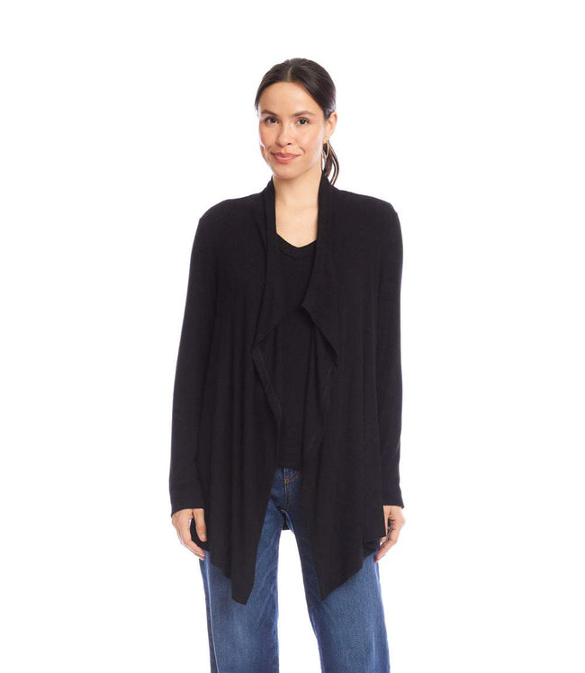 Karen Kane Black Petite Size Long Sleeve Ribbed Drape Front Cardigan Karen Kane