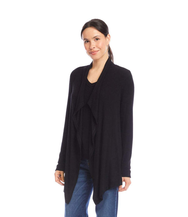 Karen Kane Black Petite Size Long Sleeve Ribbed Drape Front Cardigan Karen Kane