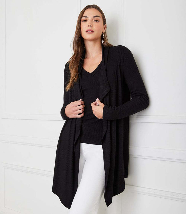 karen kane Black Petite Size Long Sleeve Ribbed Drape Front Cardigan Karen Kane
