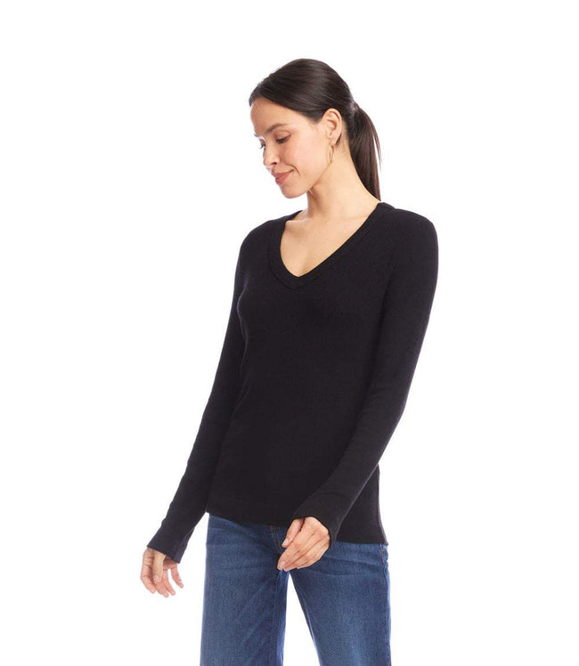 Karen Kane Black Petite Size Long Sleeve Ribbed V-Neck Top Karen Kane
