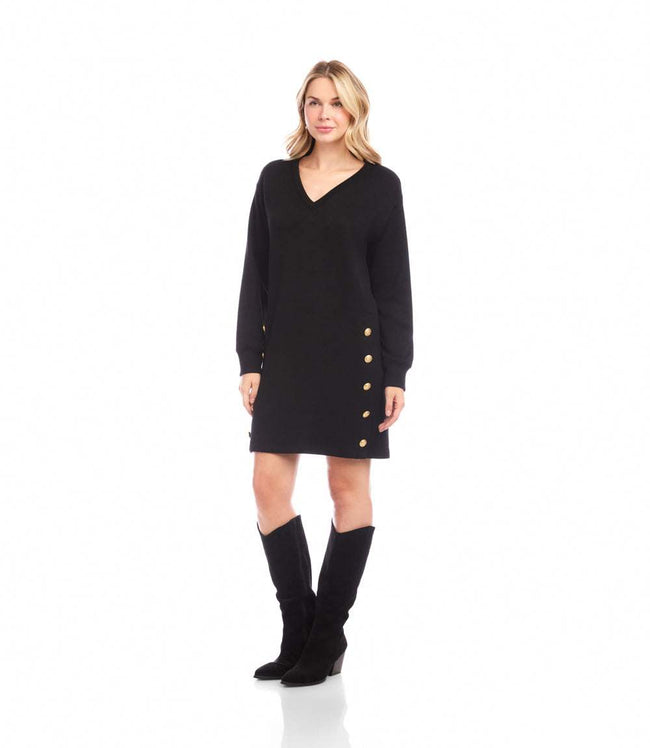 Karen Kane Black Petite Size Long Sleeve V-Neck Button Detail Dress Karen Kane