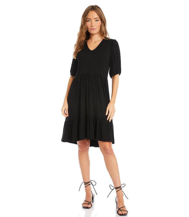 Karen Kane Black Petite Size Puff Sleeve Tiered Dress Karen Kane