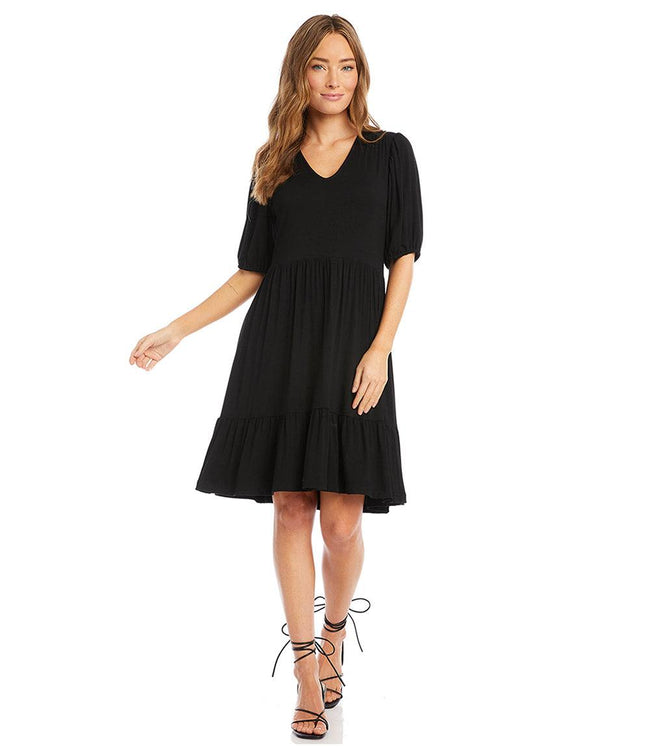 Karen Kane Black Petite Size Puff Sleeve Tiered Dress Karen Kane