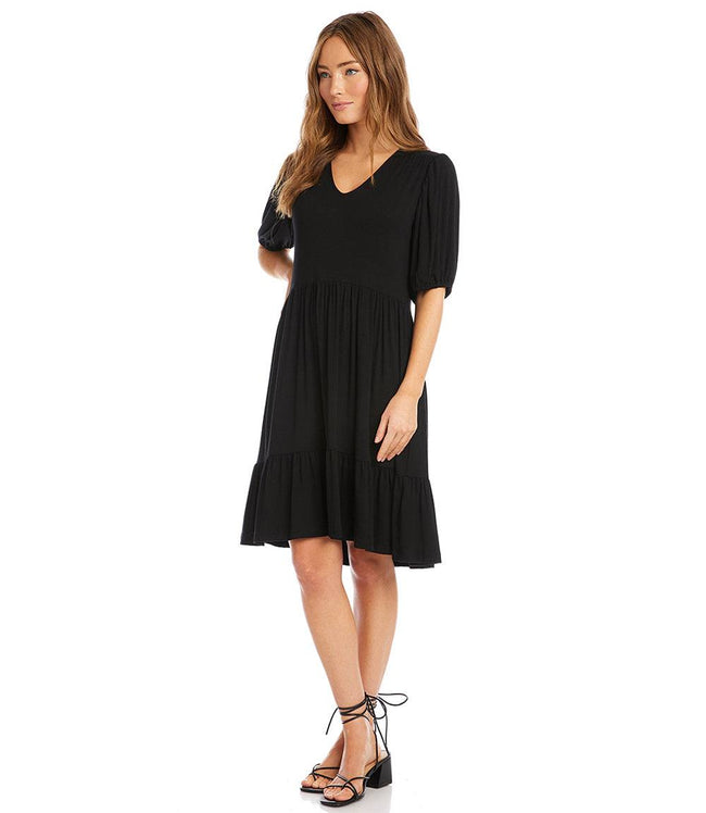 Karen Kane Black Petite Size Puff Sleeve Tiered Dress Karen Kane