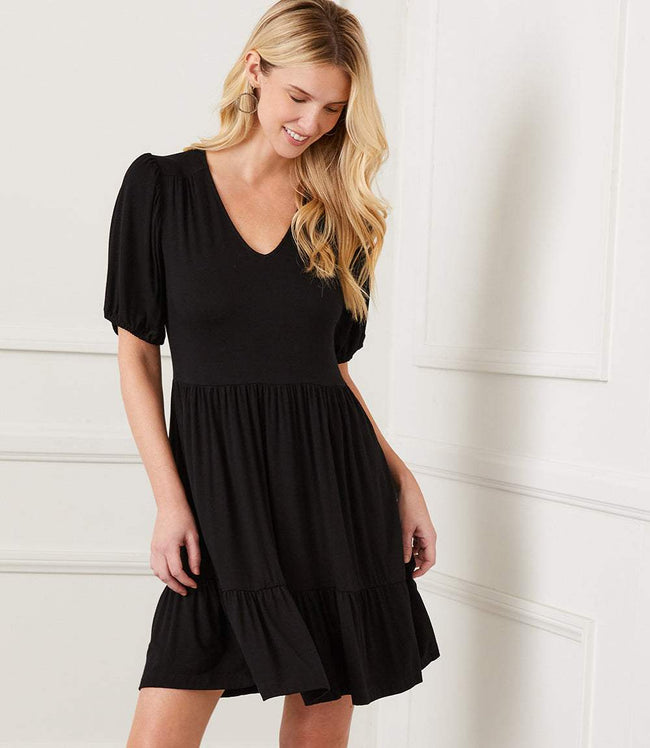 karen kane Black Petite Size Puff Sleeve Tiered Dress Karen Kane