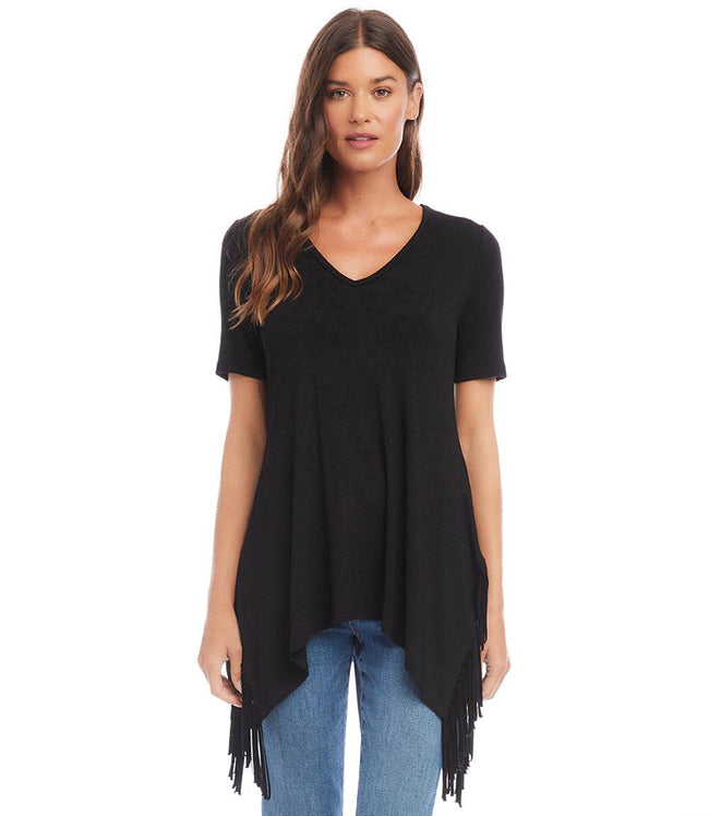Karen Kane Black Petite Size Short Sleeve Fringe Top Karen Kane