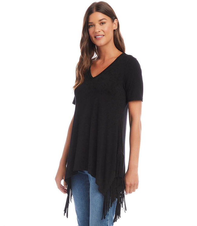 Karen Kane Black Petite Size Short Sleeve Fringe Top Karen Kane