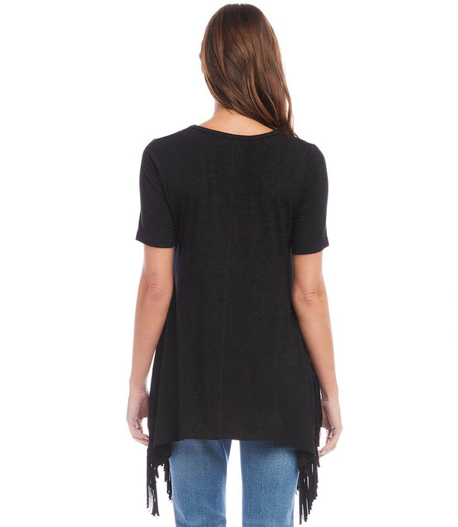 Karen Kane Black Petite Size Short Sleeve Fringe Top Karen Kane