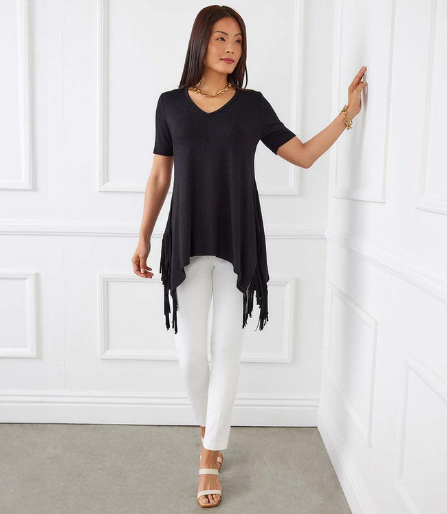 karen kane Black Petite Size Short Sleeve Fringe Top Karen Kane