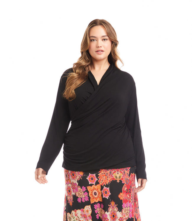 karen kane Black Plus Size Long Sleeve Crossover Side-Shirred Top Karen Kane