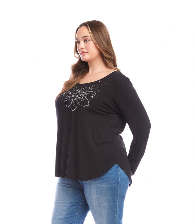 Karen Kane Black Plus Size Long Sleeve Embellished Shirttail Top Karen Kane