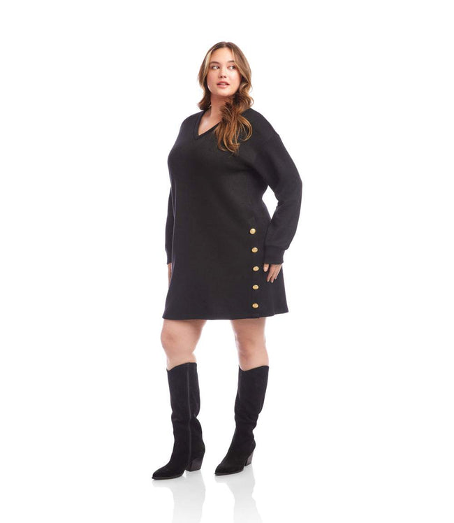 Karen Kane Black Plus Size Long Sleeve V-Neck Button Detail Dress Karen Kane