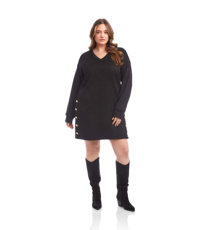 karen kane Black Plus Size Long Sleeve V-Neck Button Detail Dress Karen Kane